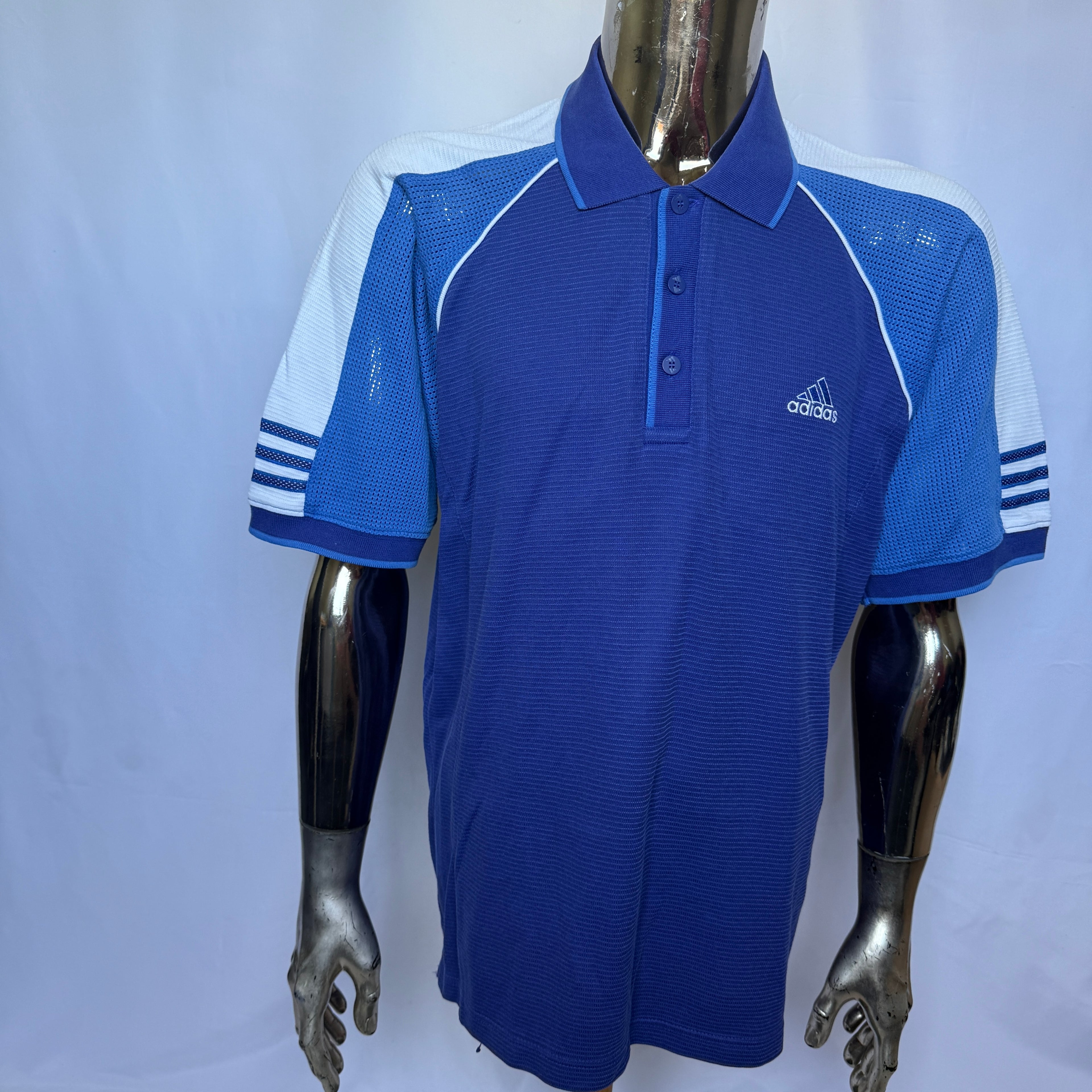 Adidas Climacool Polo Shirt – Blau/Weiß – frühe 00er Jahre - Größe L