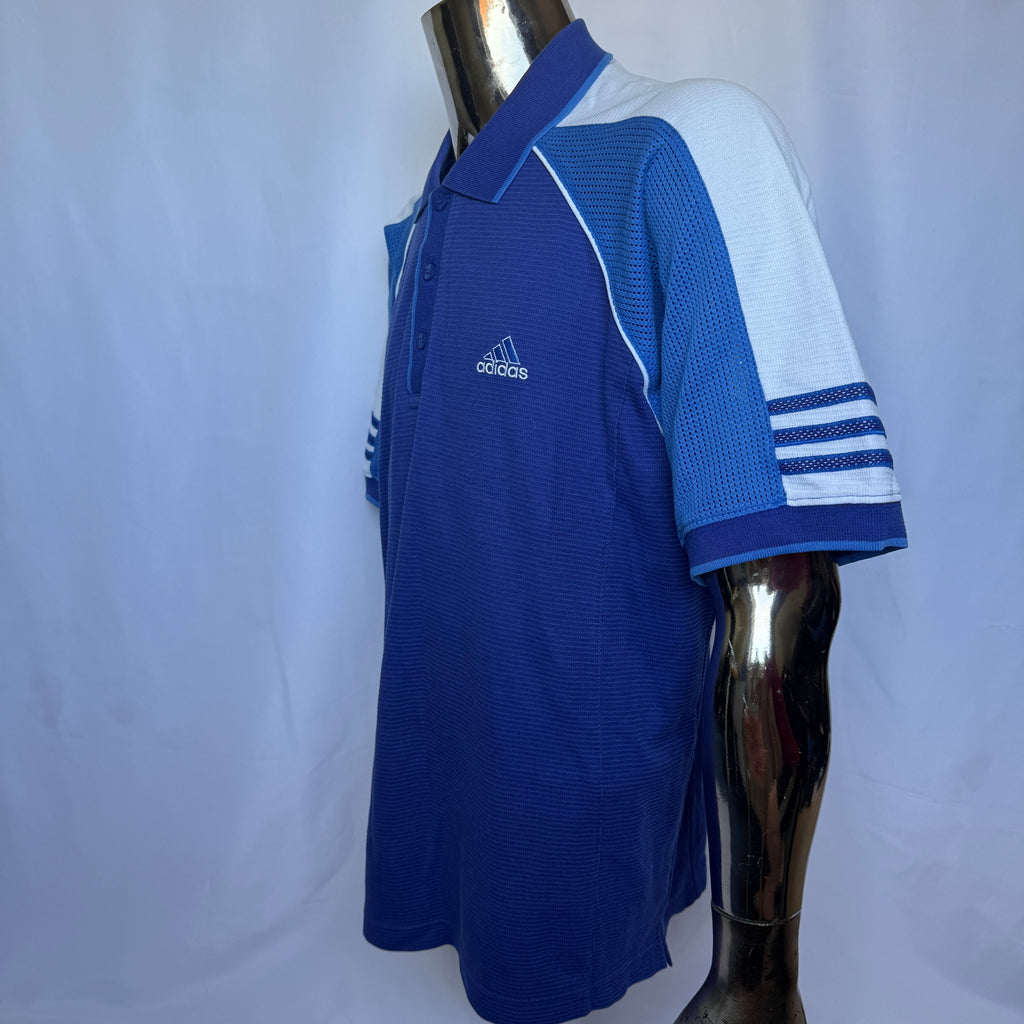 Adidas Climacool Polo Shirt – Blau/Weiß – frühe 00er Jahre - Größe L